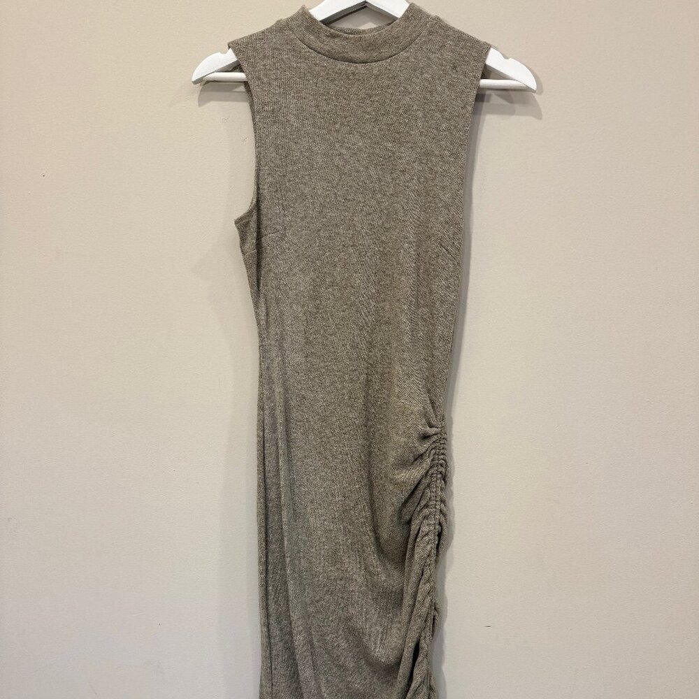 Willow Root Ruched Midi Dress – Taupe Knit Sleeveless Bodycon –Mock Neck-- Small